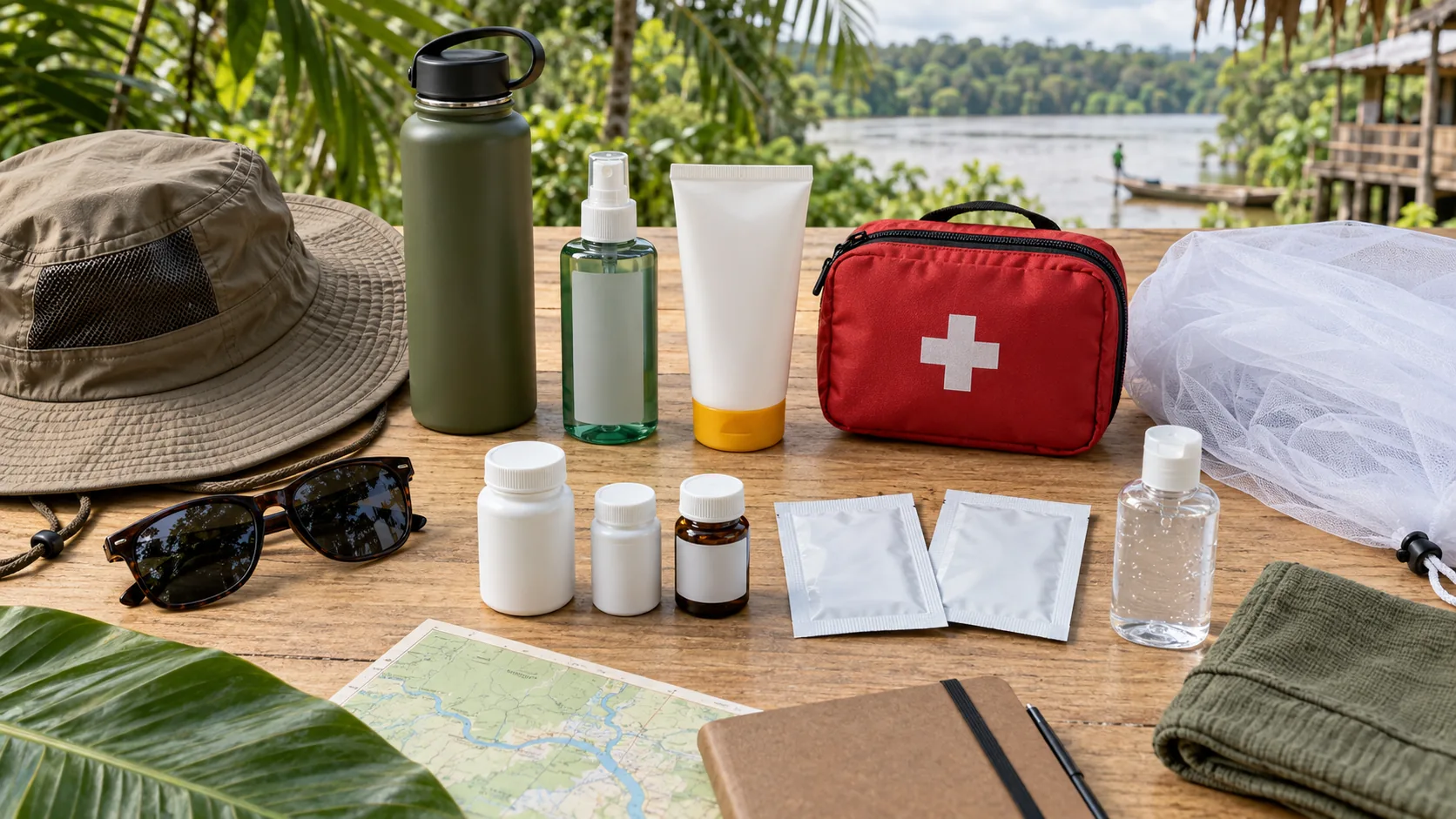 Insect repellent, sunscreen, hat, first aid pouch and personal medicines for Amazon travel