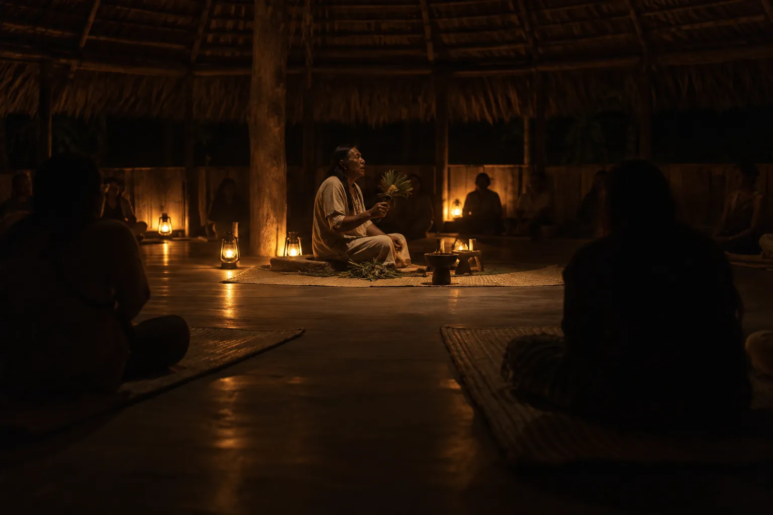 Traditional practitioner singing an icaro in a dim Amazonian maloca