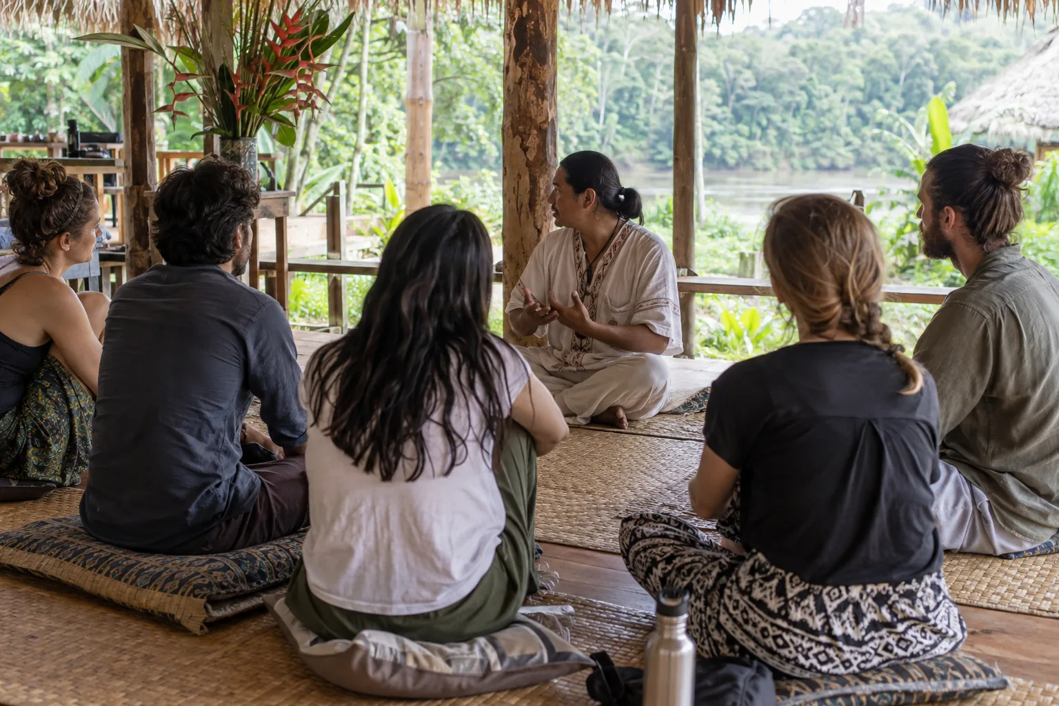 Small-group orientation before an ayahuasca ceremony near Iquitos