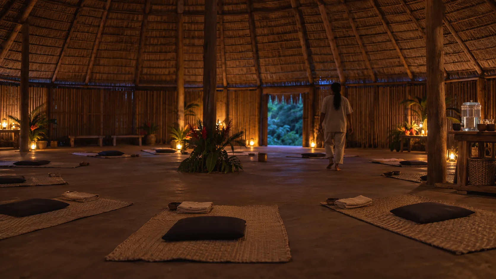Sober facilitator checking a prepared Amazon ceremony room with clear walking paths