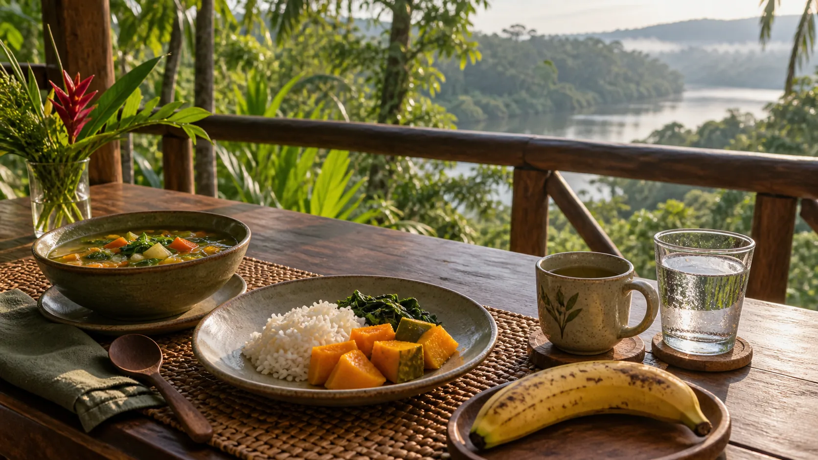 Simple soup, rice, cooked vegetables, banana, tea and water after an Amazon retreat