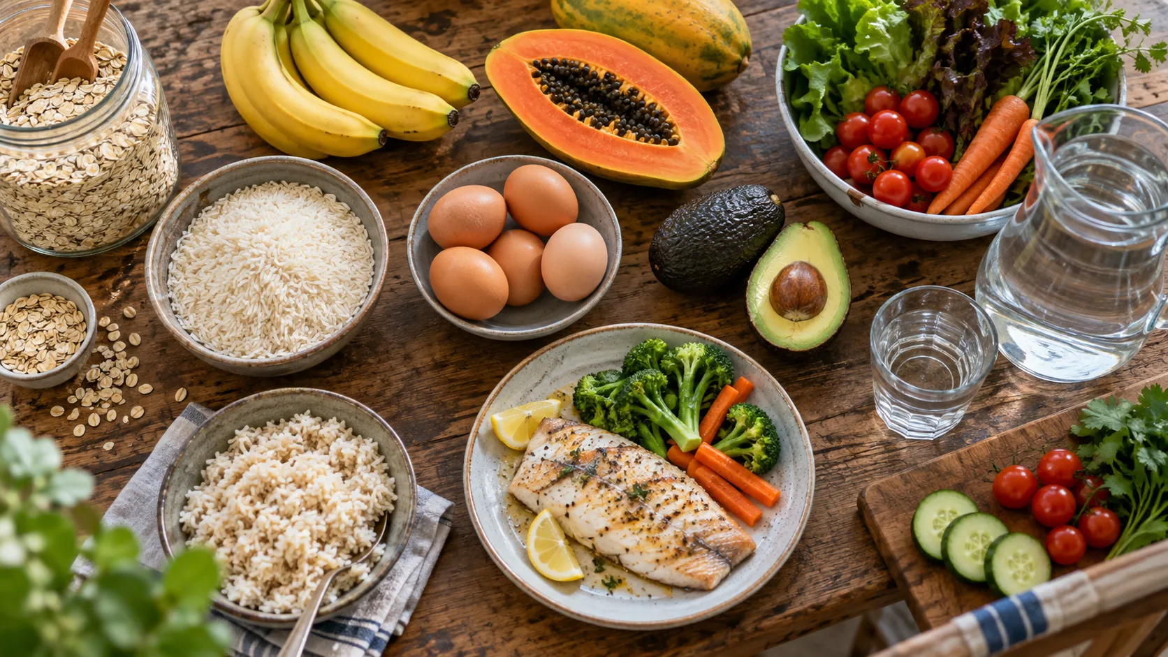 Rice, oats, eggs, vegetables, fruit, fish and water for simple retreat preparation meals