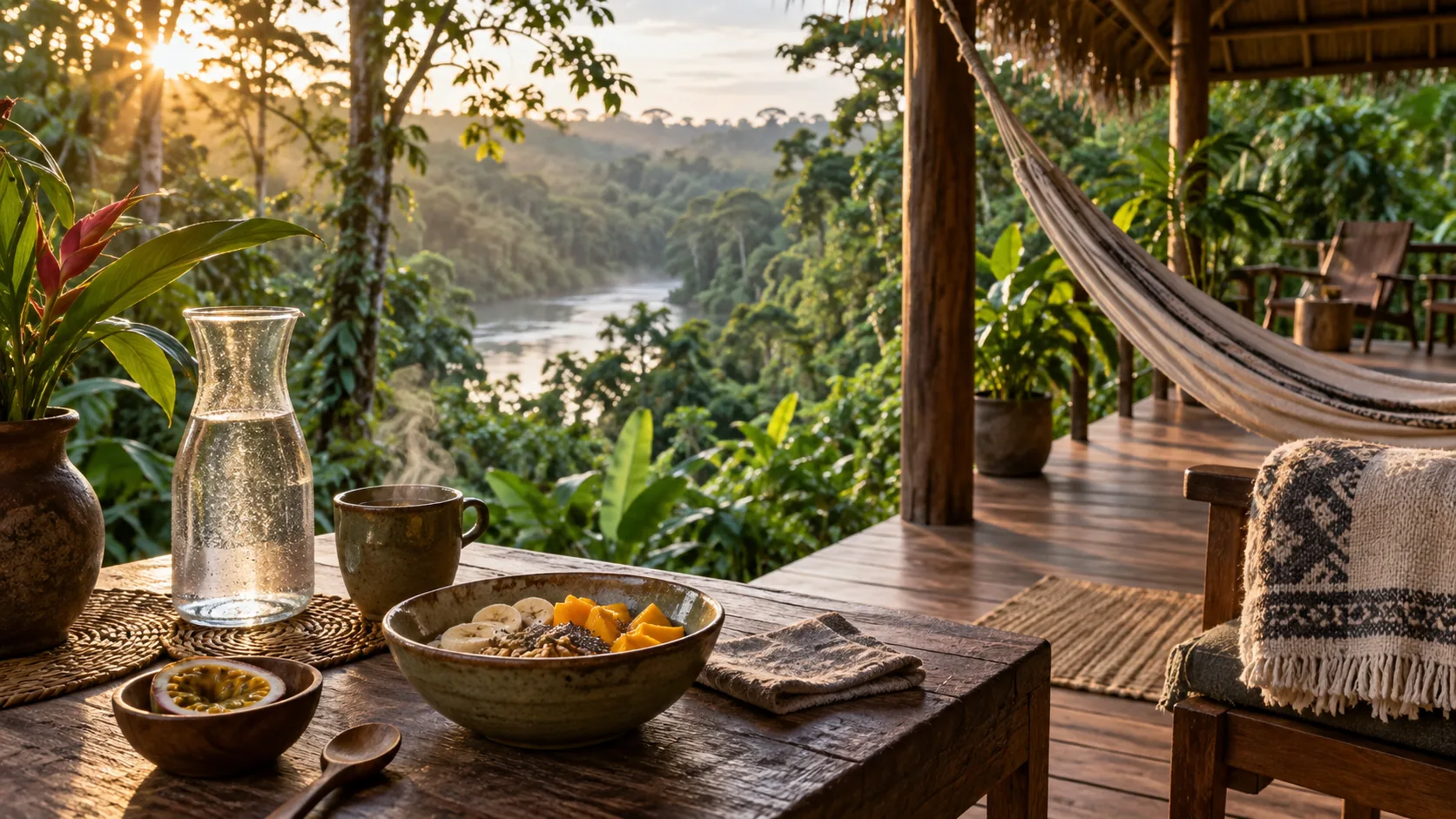 Water, simple breakfast and hammock for a restful first day after an ayahuasca retreat
