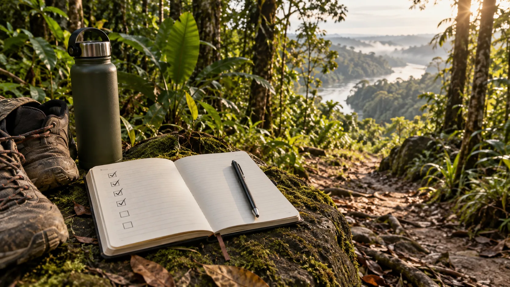 Notebook, walking shoes and water bottle representing grounded integration practices