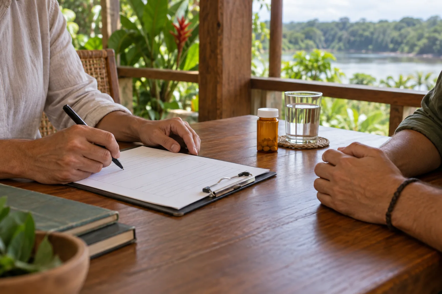 Participant reviewing medication and health information during ayahuasca retreat screening