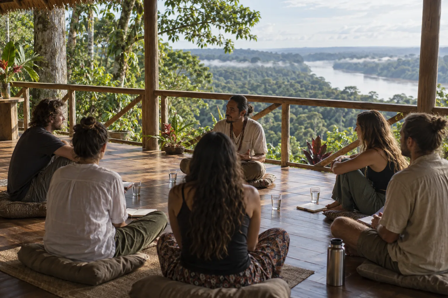 Facilitated group conversation on an Amazon lodge veranda after a ceremony