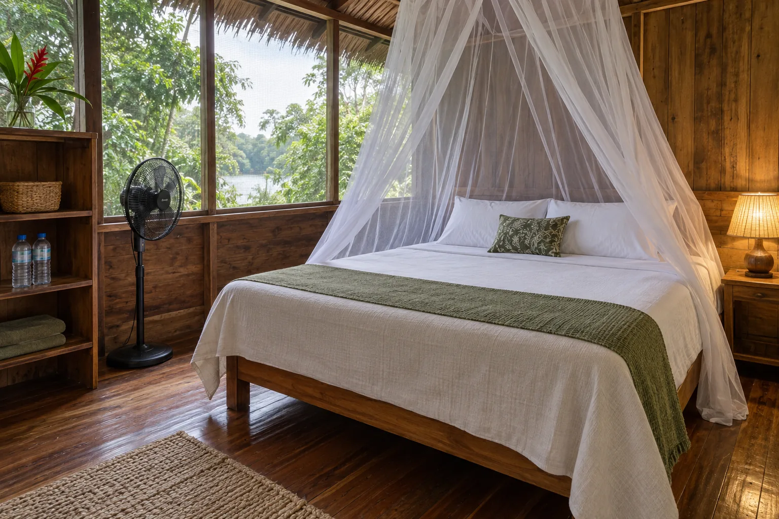 Clean Amazon retreat guest room with mosquito net, fan and drinking water
