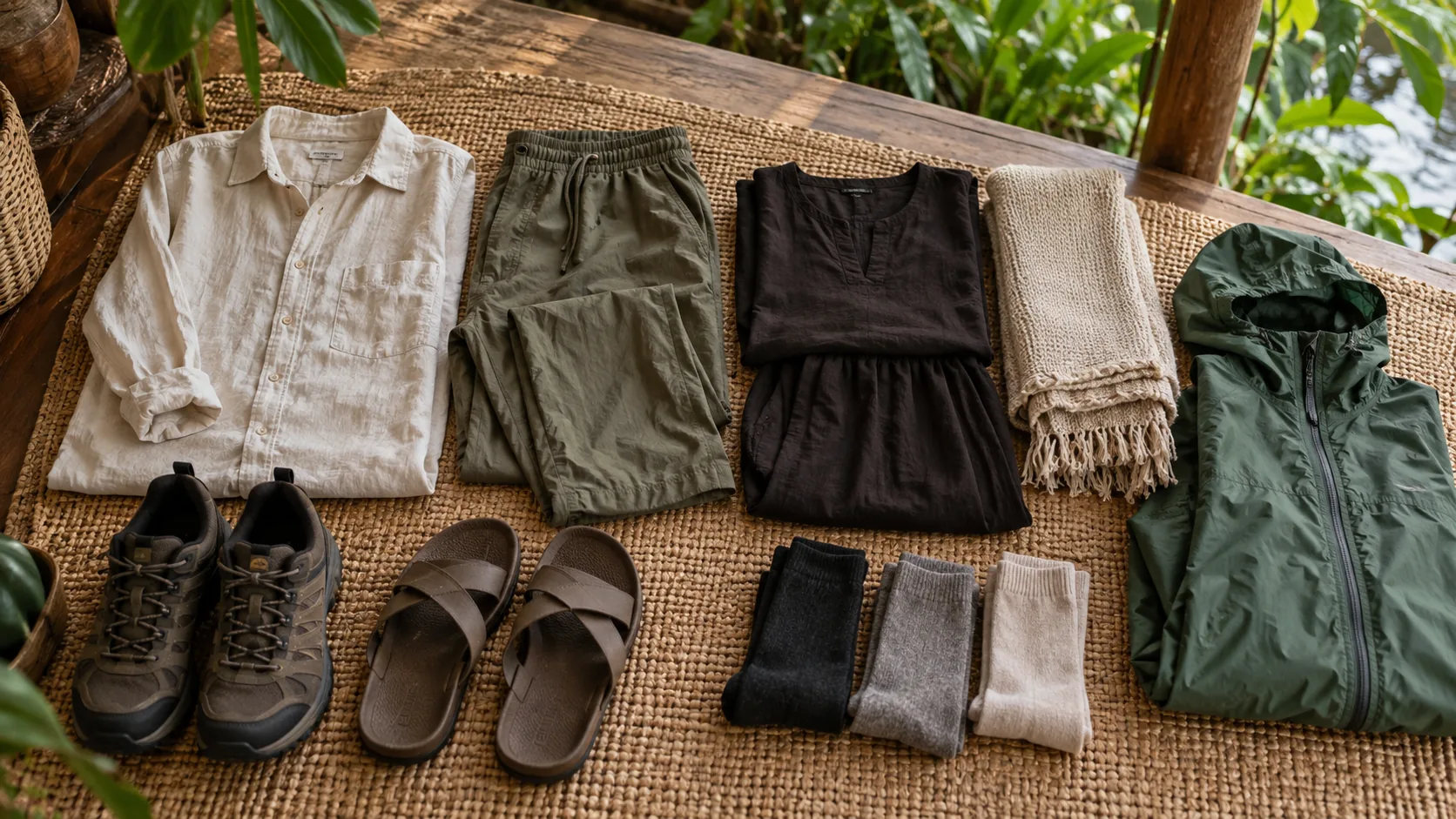 Breathable shirts, trousers, rain jacket and footwear arranged for an Iquitos retreat