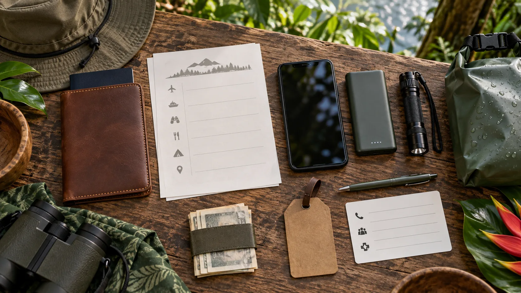 Passport wallet, offline itinerary, power bank, flashlight and waterproof pouch for retreat travel