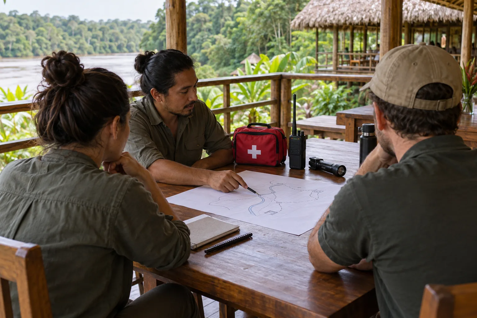Retreat staff reviewing emergency equipment and a transport plan in the Amazon