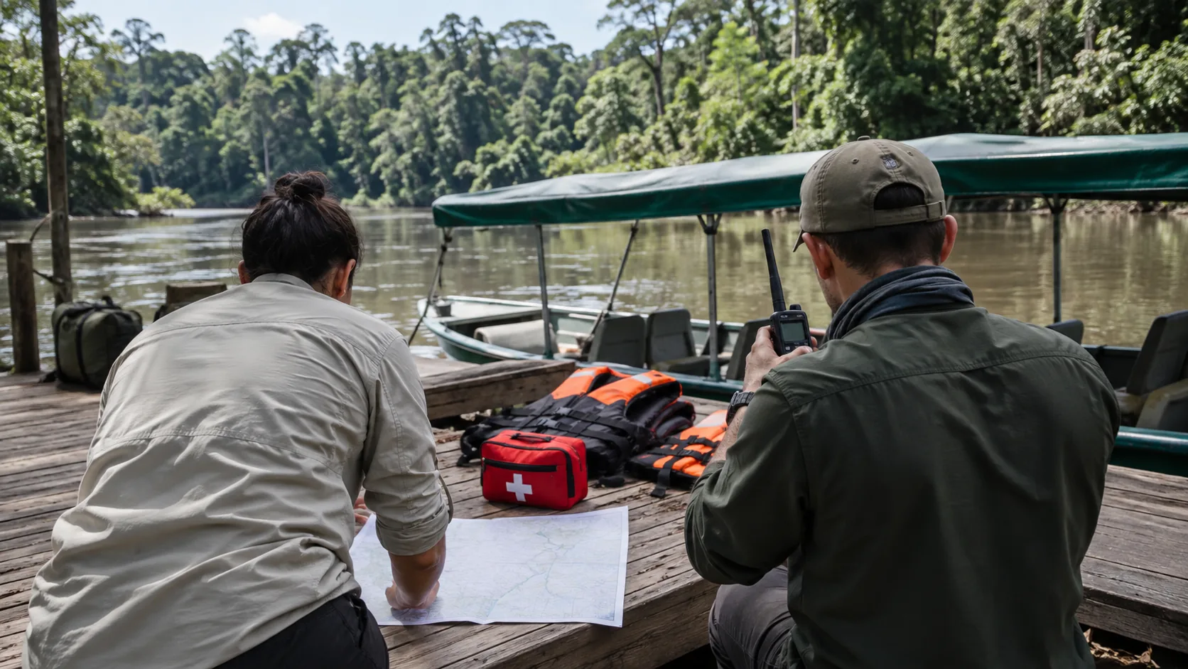Retreat staff checking radio, first-aid kit, life jackets and river evacuation route