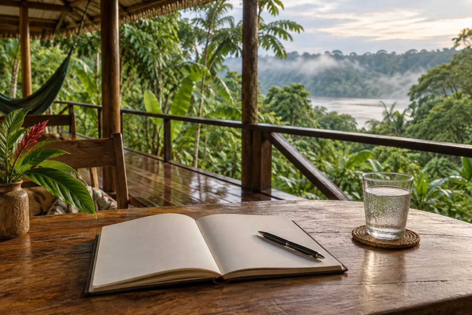Open journal and water on an Amazon lodge veranda during post-retreat integration