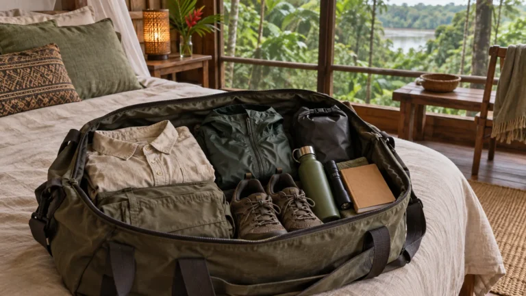 Open travel bag with practical clothing and essentials for an ayahuasca retreat near Iquitos