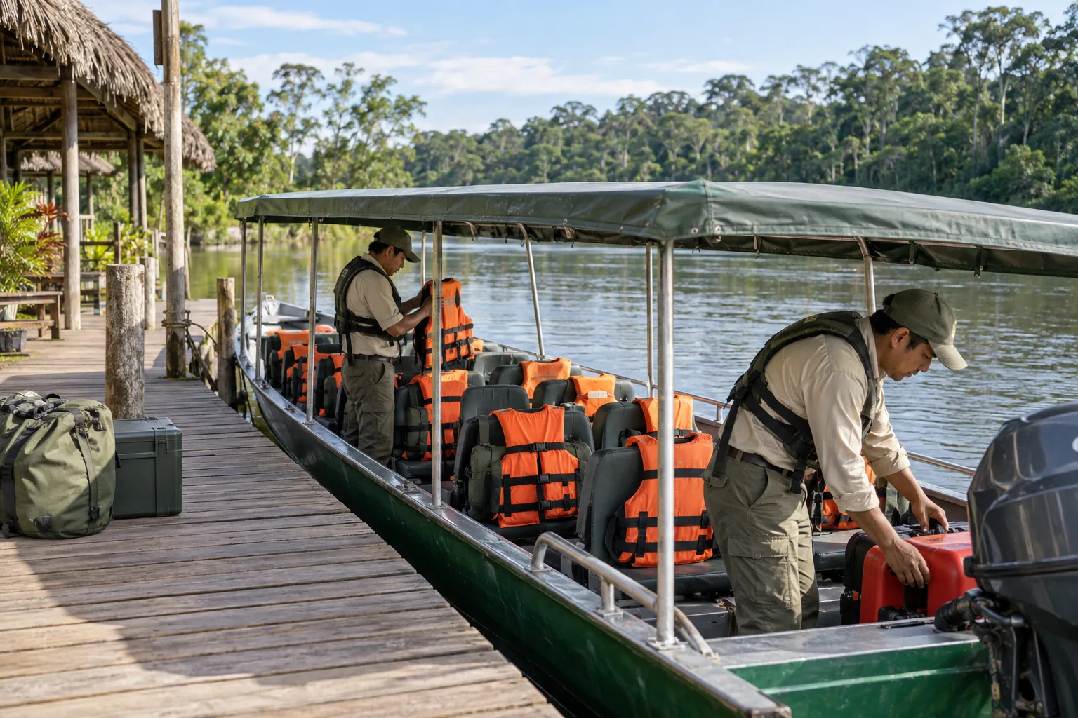 Covered Amazon river boat prepared with life jackets for safe retreat transport