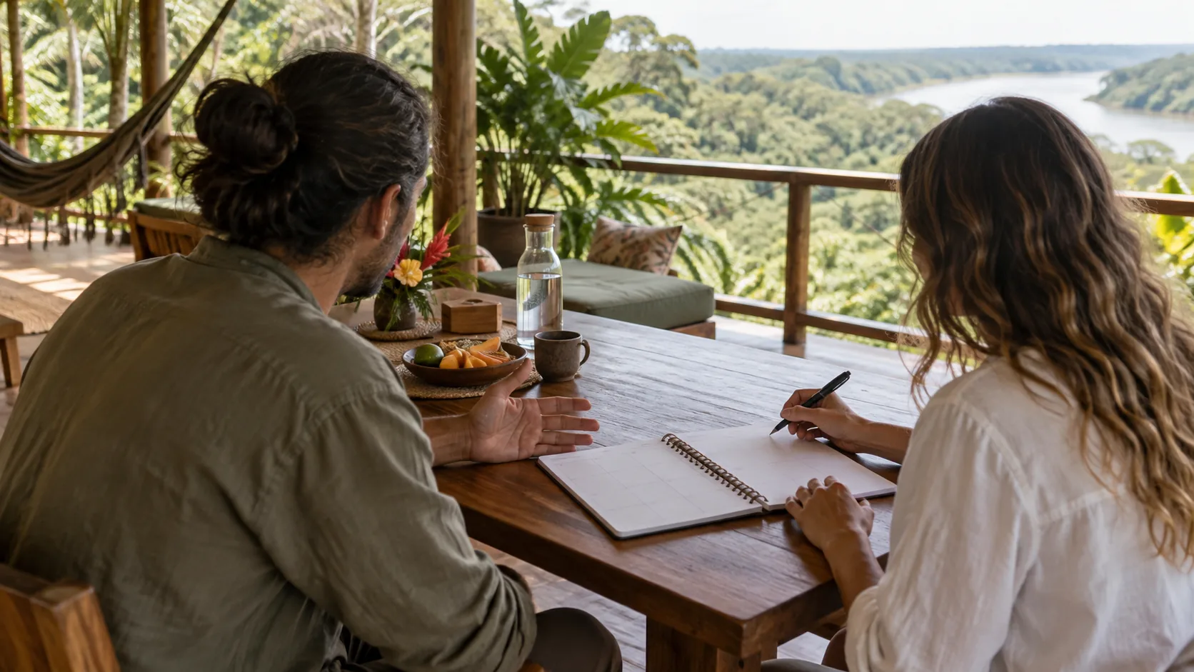 Guest reviewing a retreat schedule during an individual consultation at an Amazon lodge