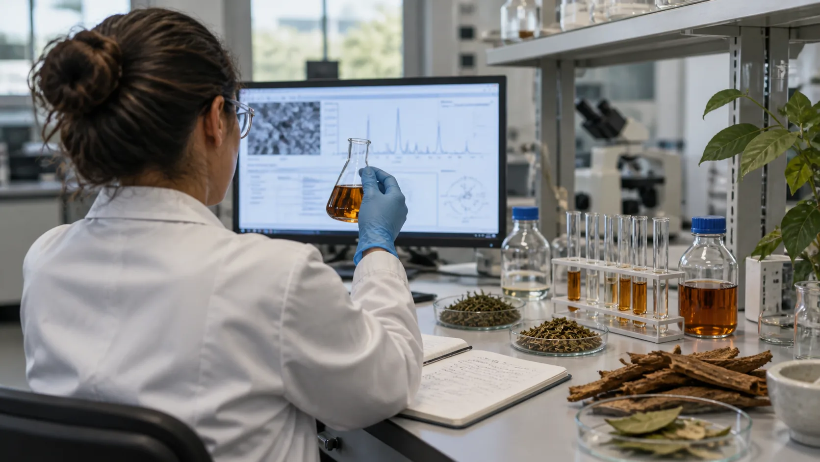 Scientist analyzing botanical material and ayahuasca samples in a laboratory