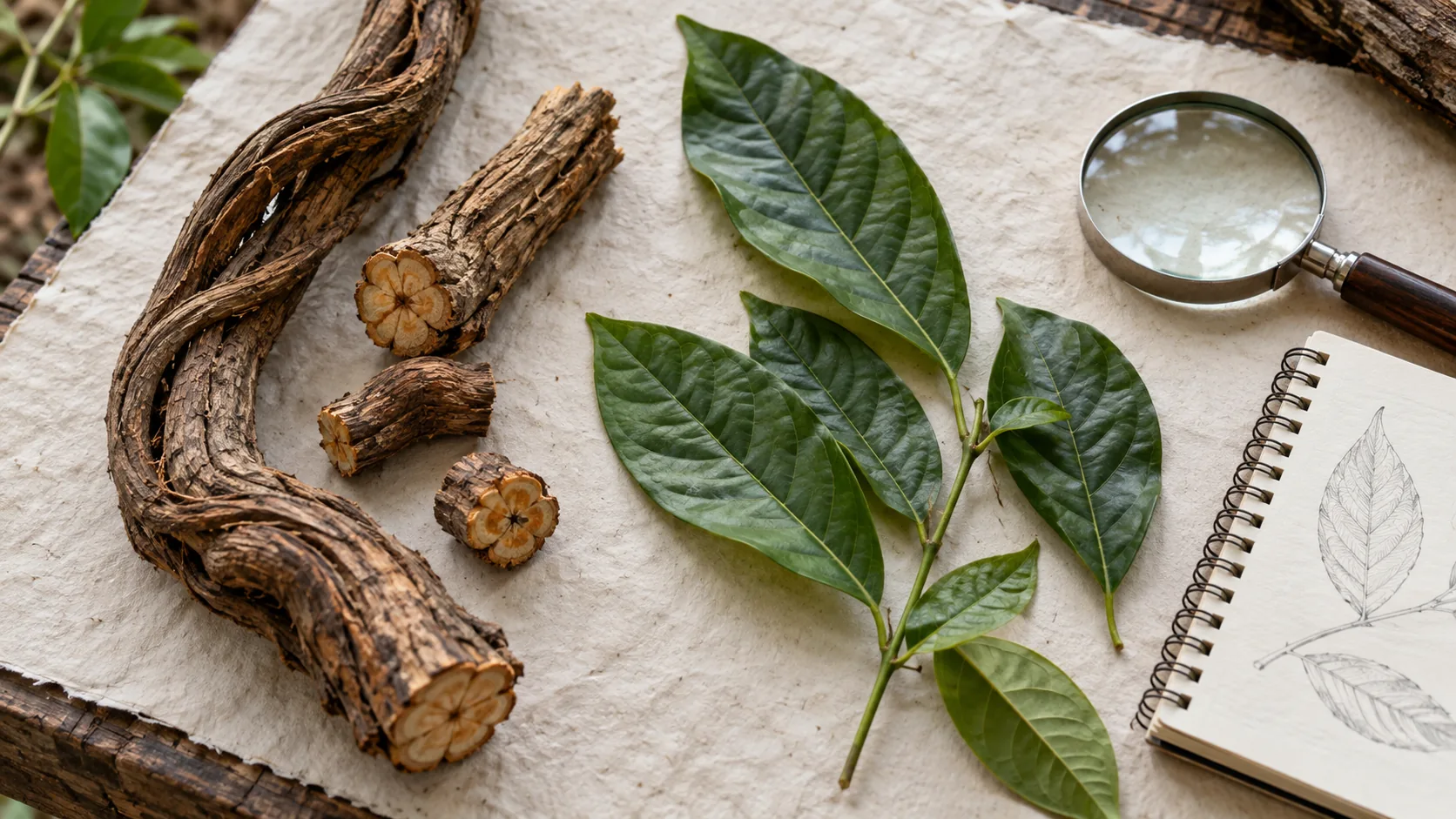 Ayahuasca vine pieces and chacruna leaves arranged for botanical study