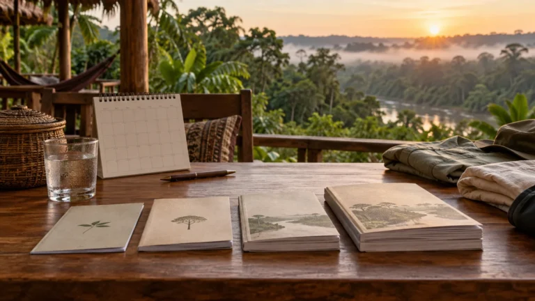 Different retreat itinerary booklets on a table overlooking the Amazon rainforest