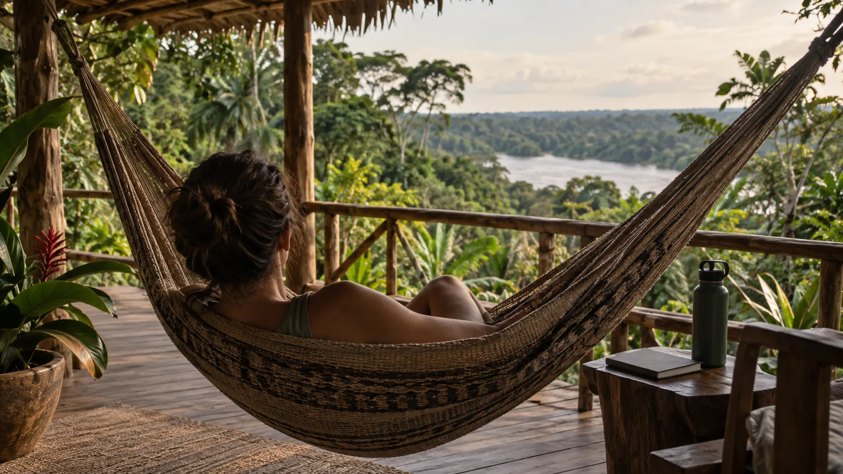 Guest resting in a hammock during a longer ayahuasca retreat in the Amazon