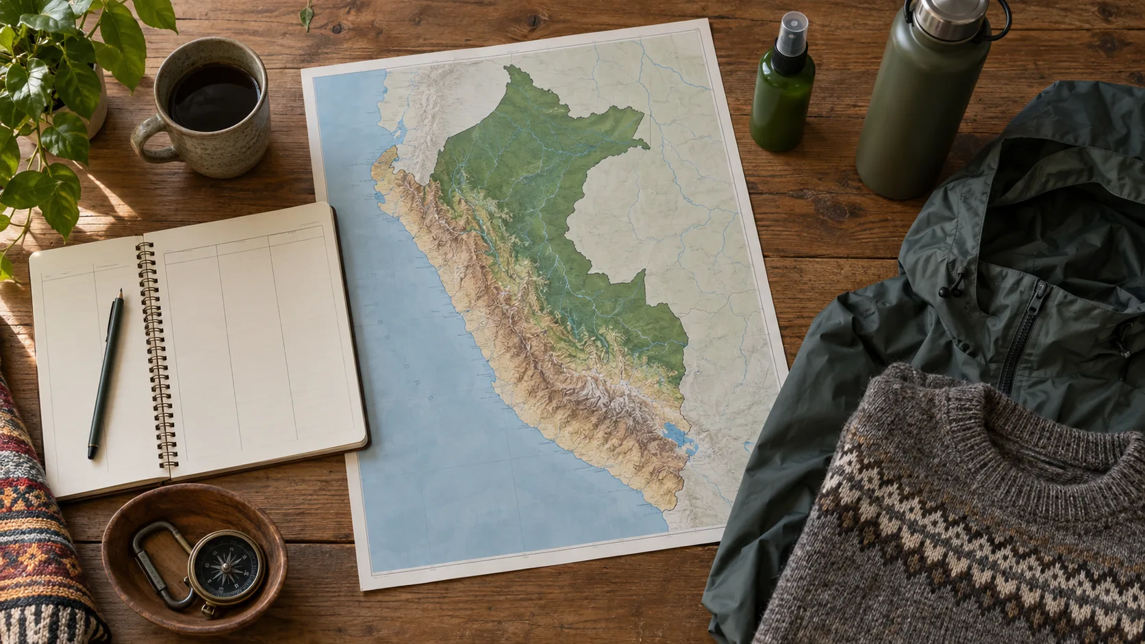 Map of Peru with rainforest and mountain travel items for retreat planning