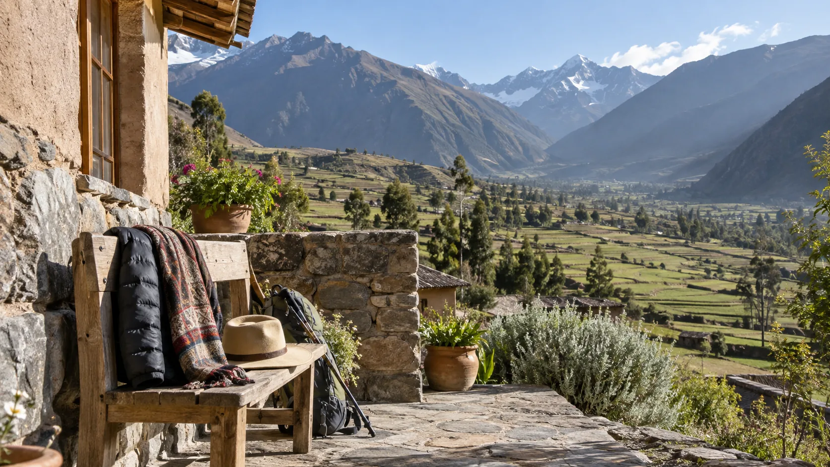 Mountain lodge setting in Peru Sacred Valley with warm clothing for high altitude