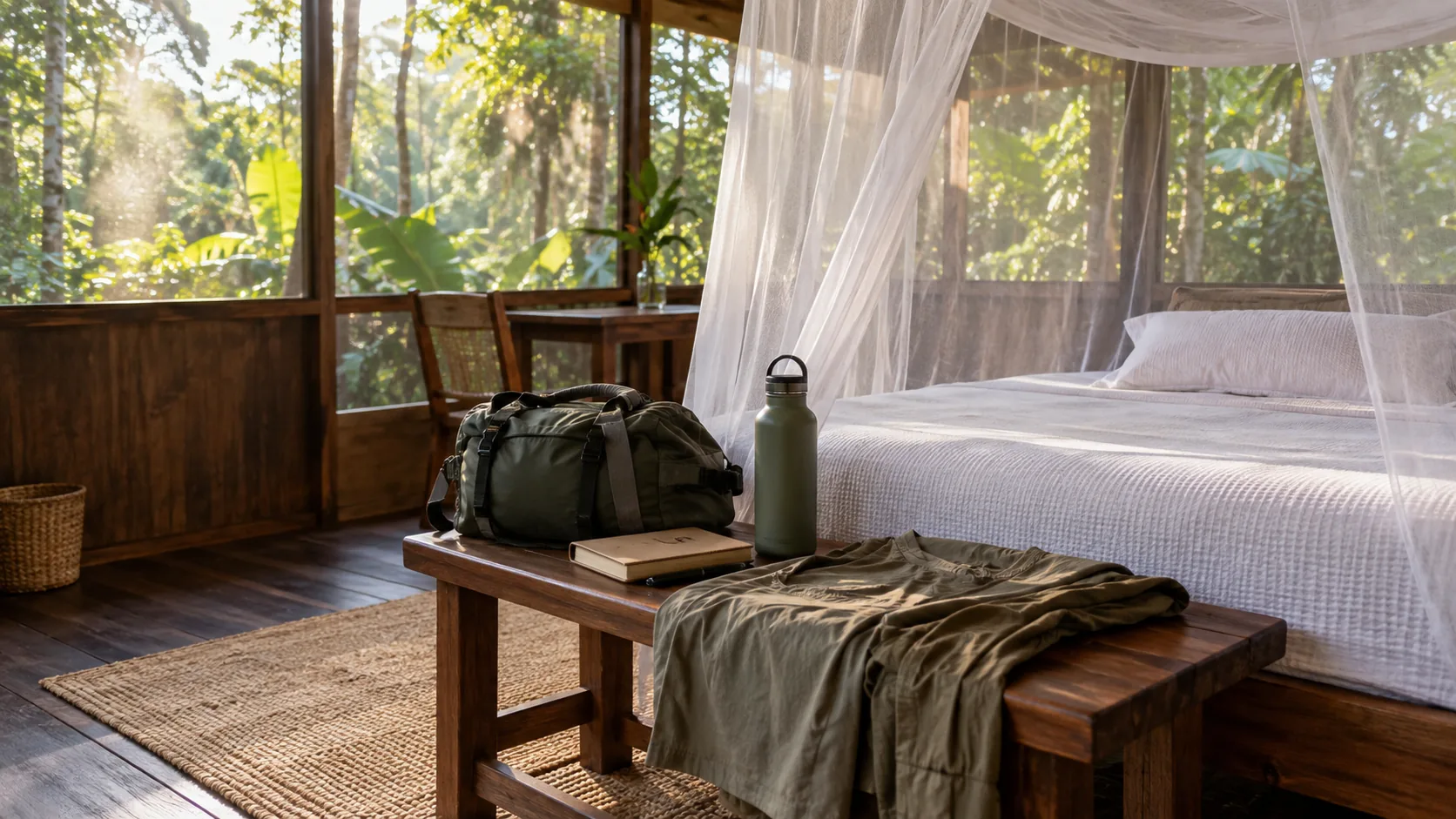 Compact travel bag in a simple Amazon retreat room with mosquito net