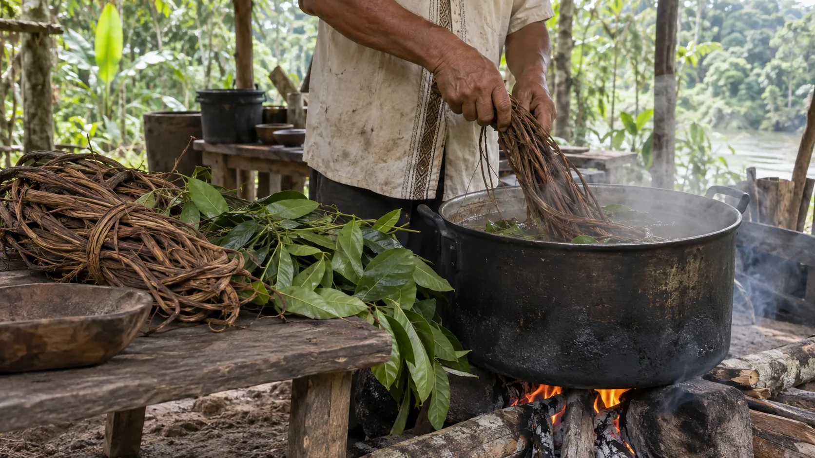 Adult preparing ayahuasca vine and leaves in an open-air Amazon kitchen