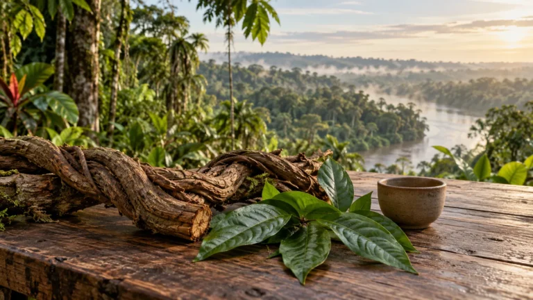 Ayahuasca vine and chacruna leaves on a wooden table overlooking the Amazon rainforest